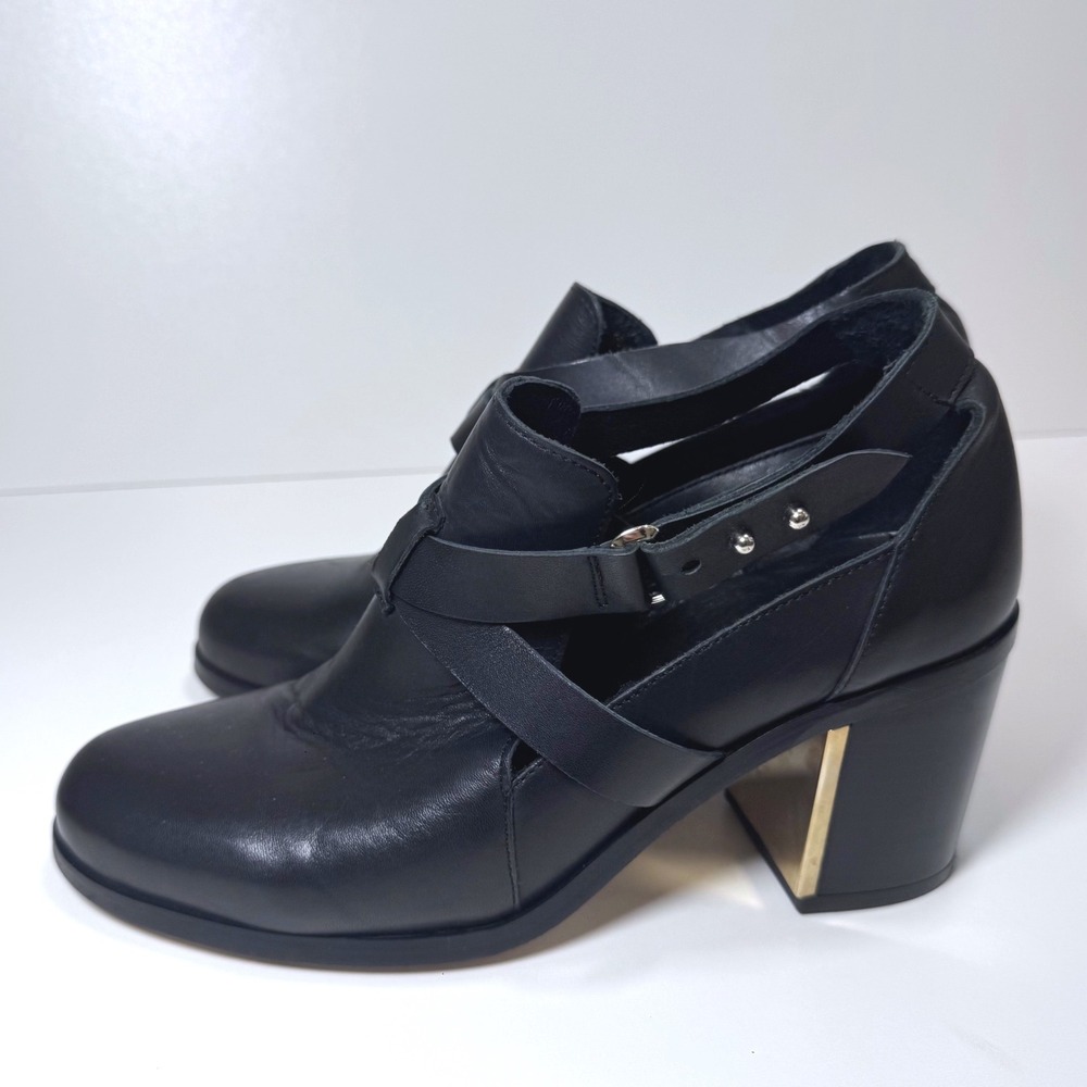 Topshop Black Leather Cut-Out Block Heel Shoe Crossover Strap 8 39 Gold Office